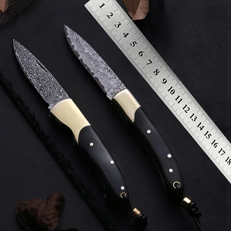 

Pocket Knife Damascus Folding Fruit knife Outdoor Jungle Hunting Camping Survival EDC Tool Knives Portable Ebony Handle