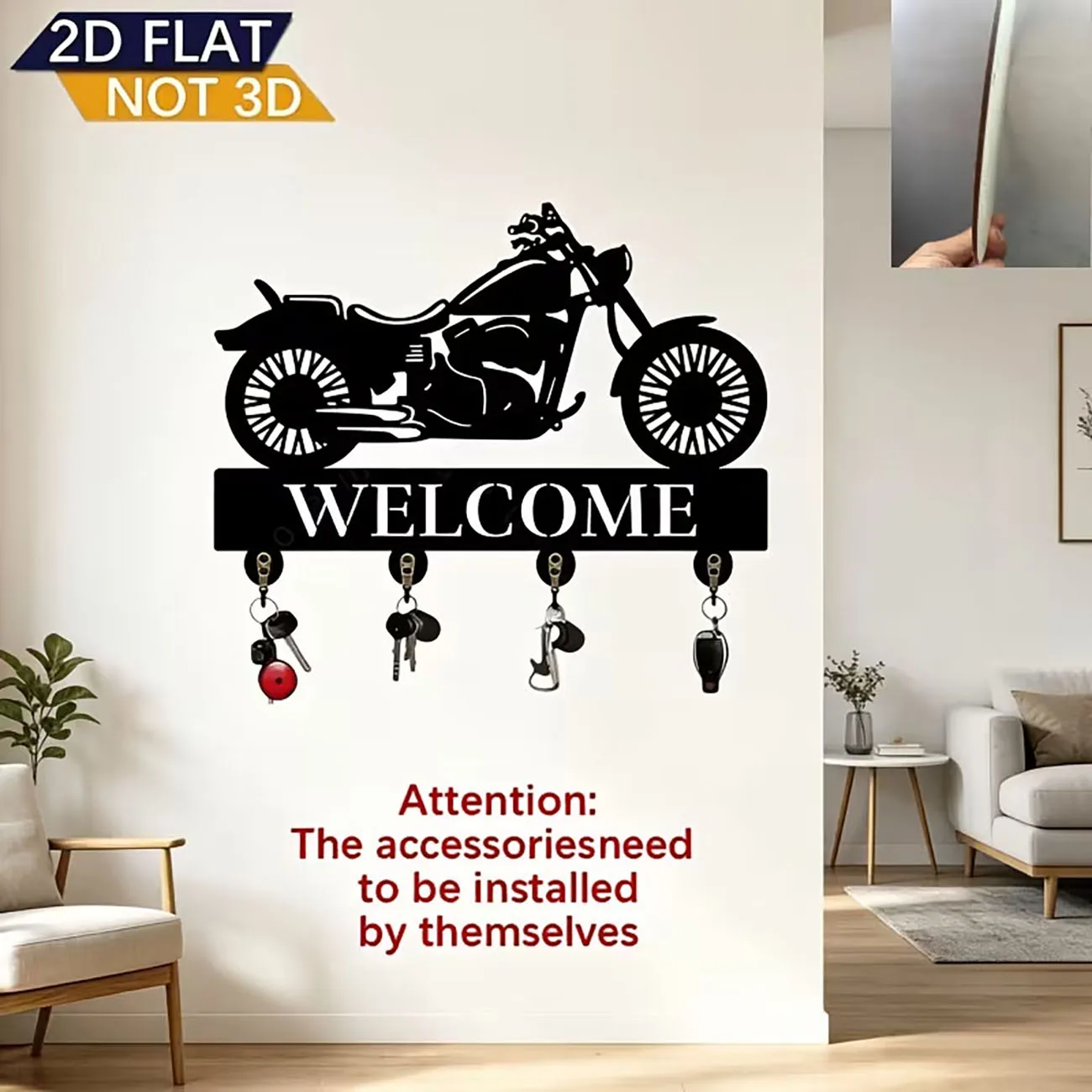 Vintage Motorcycle Silhouette Wooden Key Hook Wall Hanging Decor With Four Metal Hooks 2D Flat Print