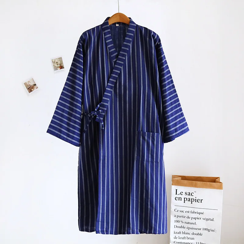 Blue Red Striped Printed Robe for Men 100% Cotton Kimono Men Bathrobe for Spring Autumn 100% Cotton Long Style Men Kimono Robe