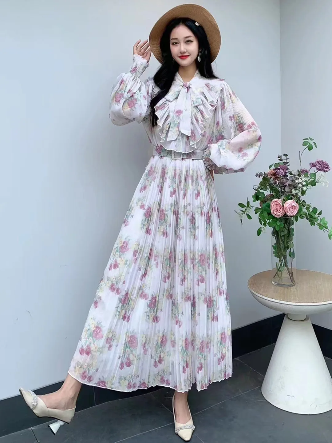 2024 New Spring Autumn Women Bow Collar Long Sleeve Belt Slim Long Dress Sweet Ruffles Pleated Big Hem Chiffon Floral Dress