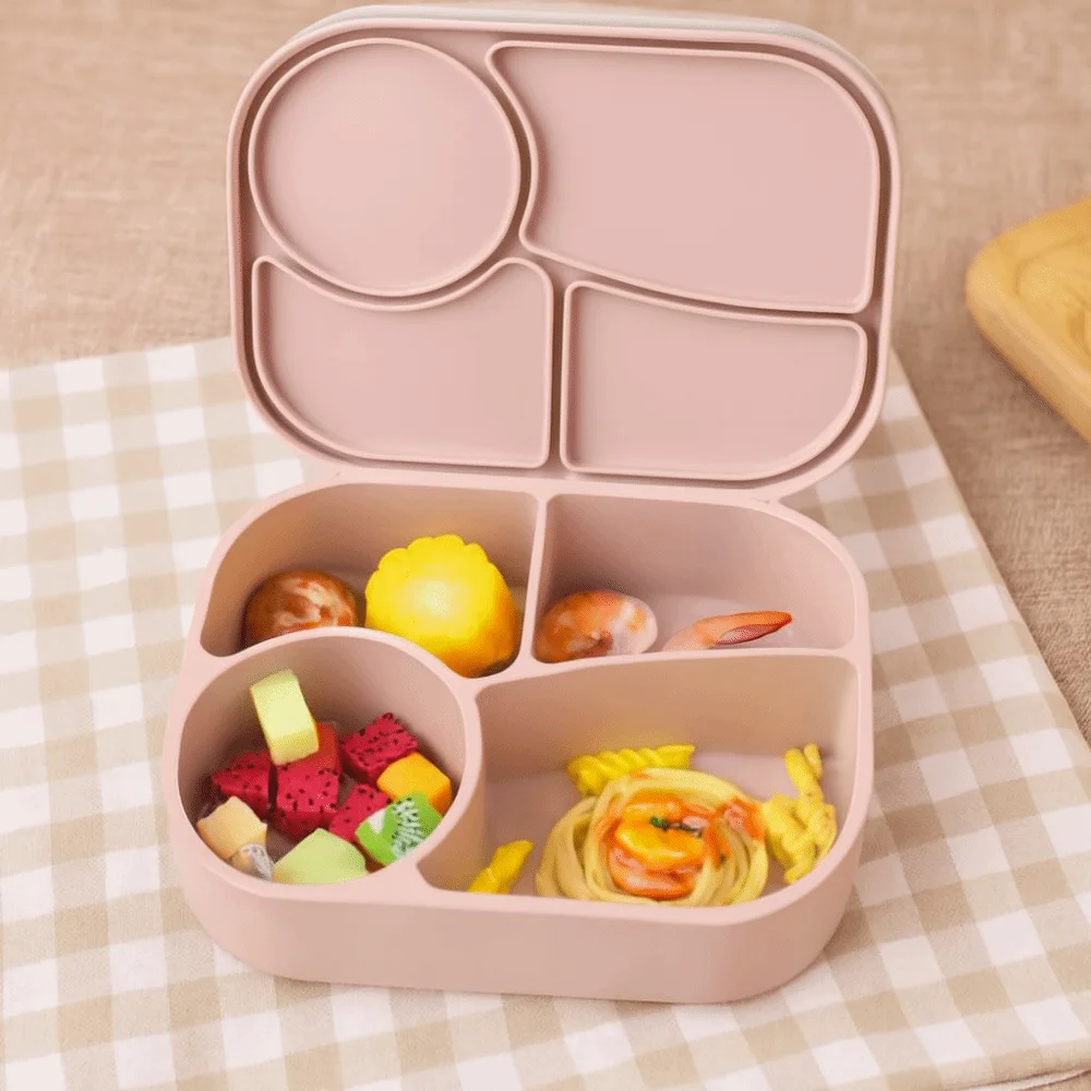 

Rectangular Silicone 4 Grid Lunch Box Heat Resistant Leak Proof Food Box Microwavable With Compartments Picnic Box School