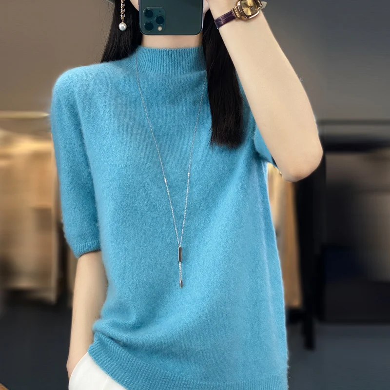 Spring and summer new first-line ready-to-wear 100% sweater ladies half-high collar five-point sleeves solid color short sleeves