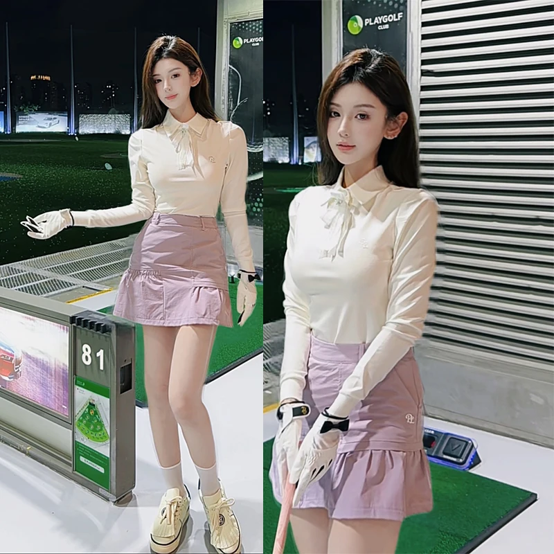 PL Golf Women's Clothing Bowtie Long-sleeved T-shirt Puff Sleeve Elegant Top Tennis Pleated Skirt Female Golf Cargo Skorts XS-XL