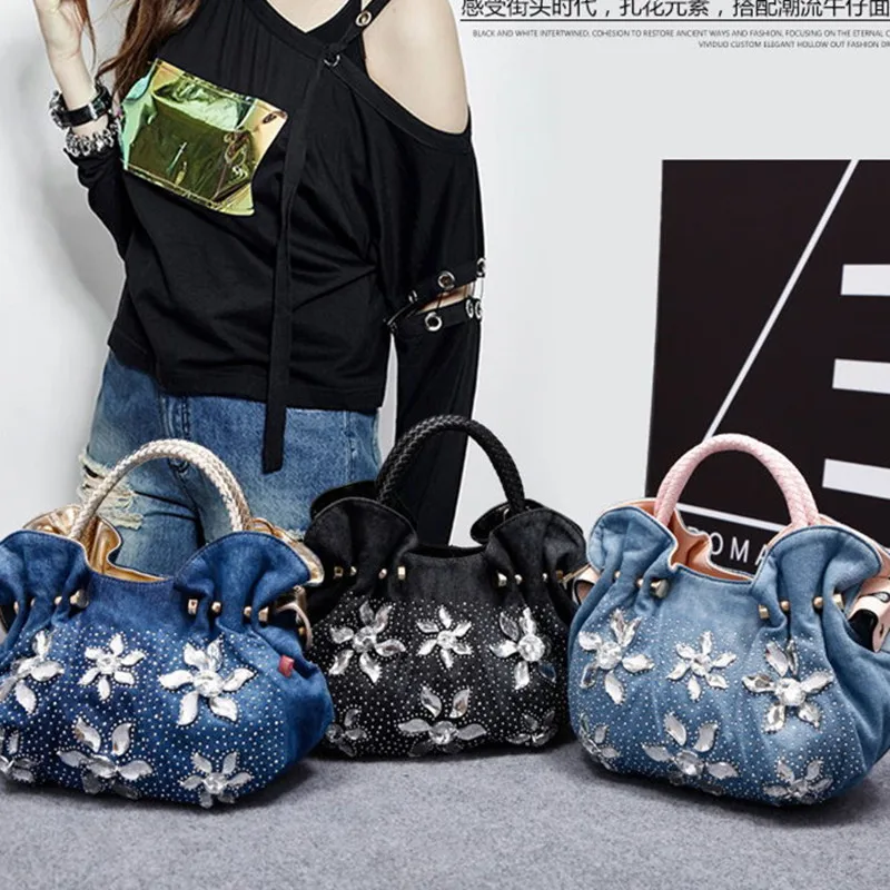 New Luxury Women Denim Bags Sweet Blue Pattern High Quality Handbags With  Purses Diamond Ladies Tote Bag Messenger Bags