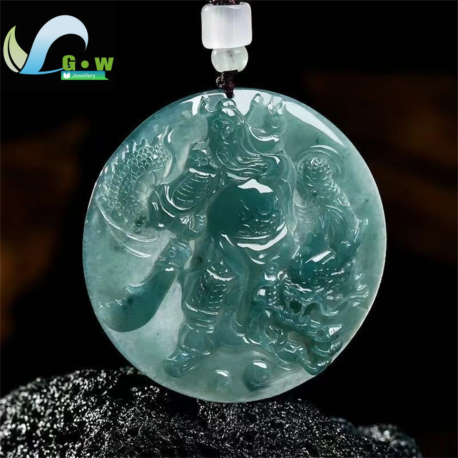 Natural Grade A Jadeite Blue Water Ice Type Guan Gong Carved Pendant Hanging Jade Necklace Unisex Fine Craftsmanship Protective