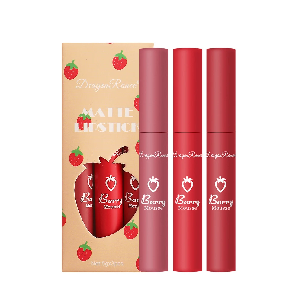 3 ชิ้น Strawberry Lip Glaze Set Velvet Matte Liquid ลิปสติกลิปสติก Non stick Cup