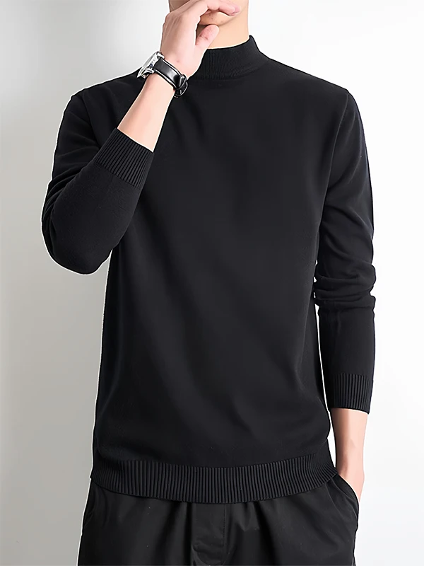 Men's Pure Color Knitted Sweater Half High Collar Casual Inner Wear mid Autumn Winter New Style Warm Base Shirt Top