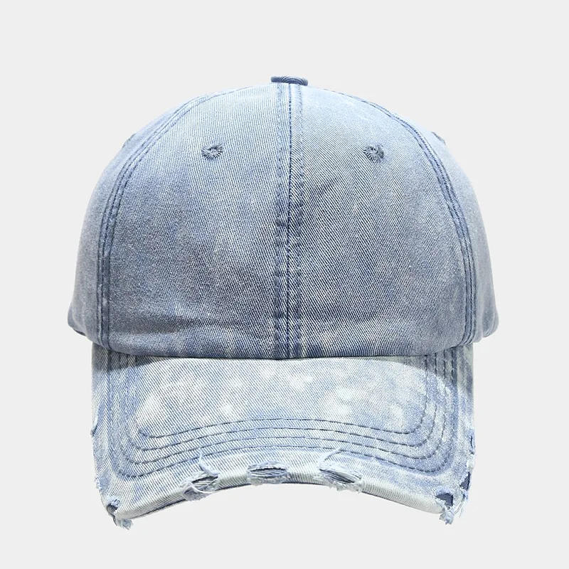2025 nueva gorra de béisbol azul vaquera desgastada para mujer, parte superior suave, ala curva, borde rasgado, sombrero para el sol, ropa de calle
