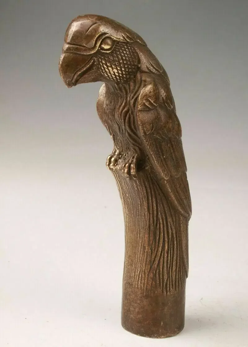 

Old Carving Bronze Lifelike eagle Parrot Statue Cane Head Walking Stick Head