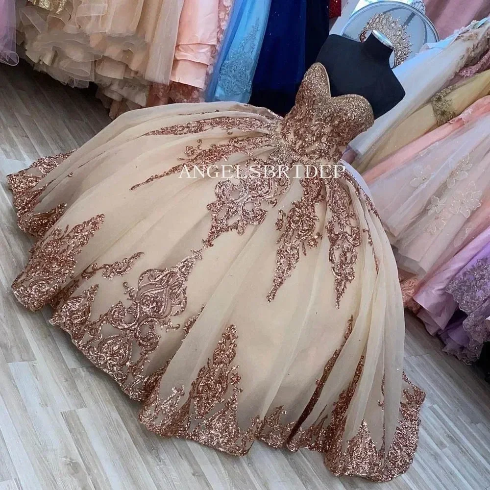 Vestido de baile champán para quinceañera, 15 años, Princesa, apliques dorados rosas, fiesta de cumpleaños, 2023