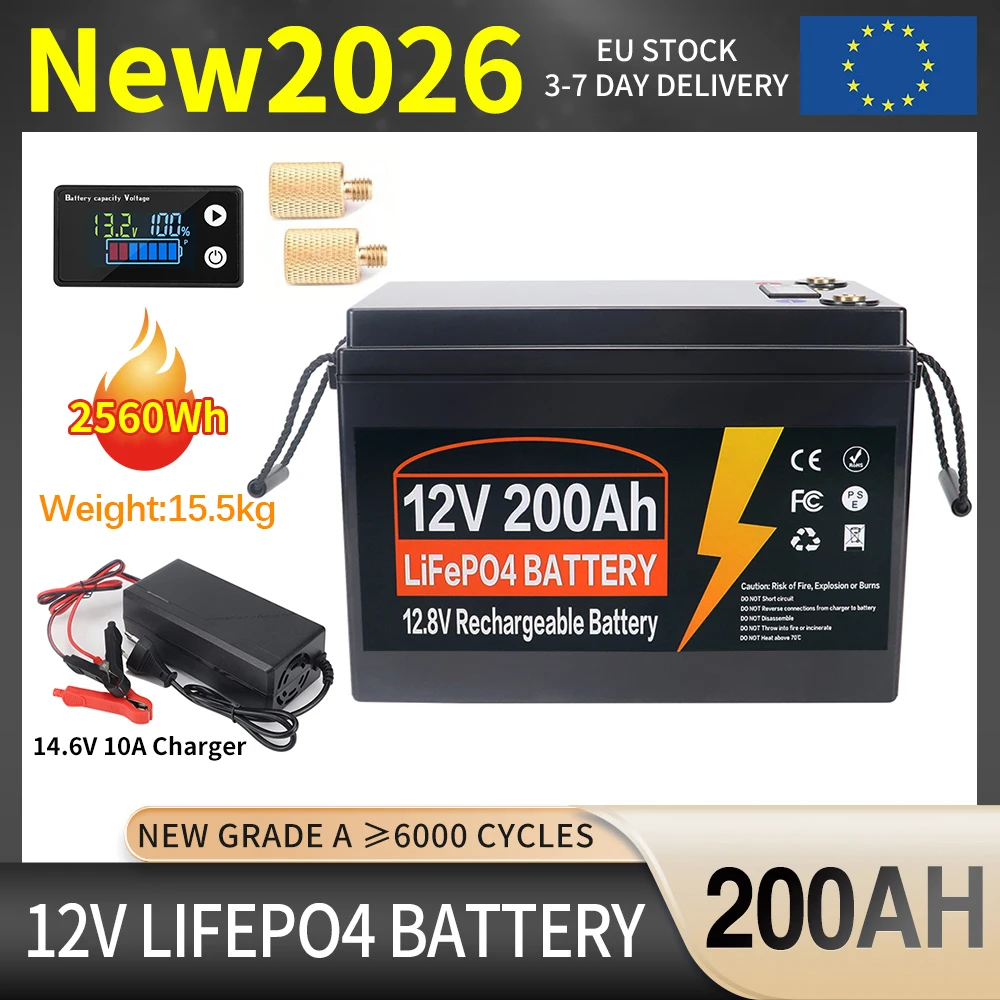 EU Stock 12V 24V 350Ah 300Ah 200Ah 150Ah 100Ah Lifepo4 Batterij met ingebouwde BMS Lithium IJzer Fosfaat Cell Pack 6000 cycli voor campers, golfkarren, zonne-energie met oplader, belastingvrij