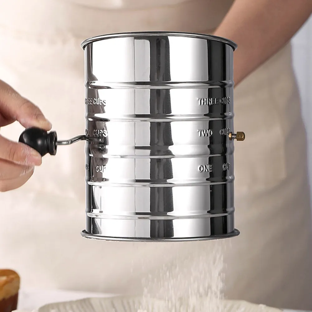 Food Grade Stainless Steel Manual Flour Sifter Rotary Design with Measuring Scale Baking Sifter for Powdered Sugar Cocoa