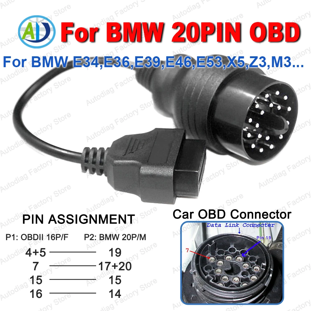 

For BMW 20Pin OBD to 16Pin OBD2 Diagnostic Cable For BMW E31/E32/E34/E36/E38/E39/E46/E53/X5 OBDII Diagnostic Interface Connector
