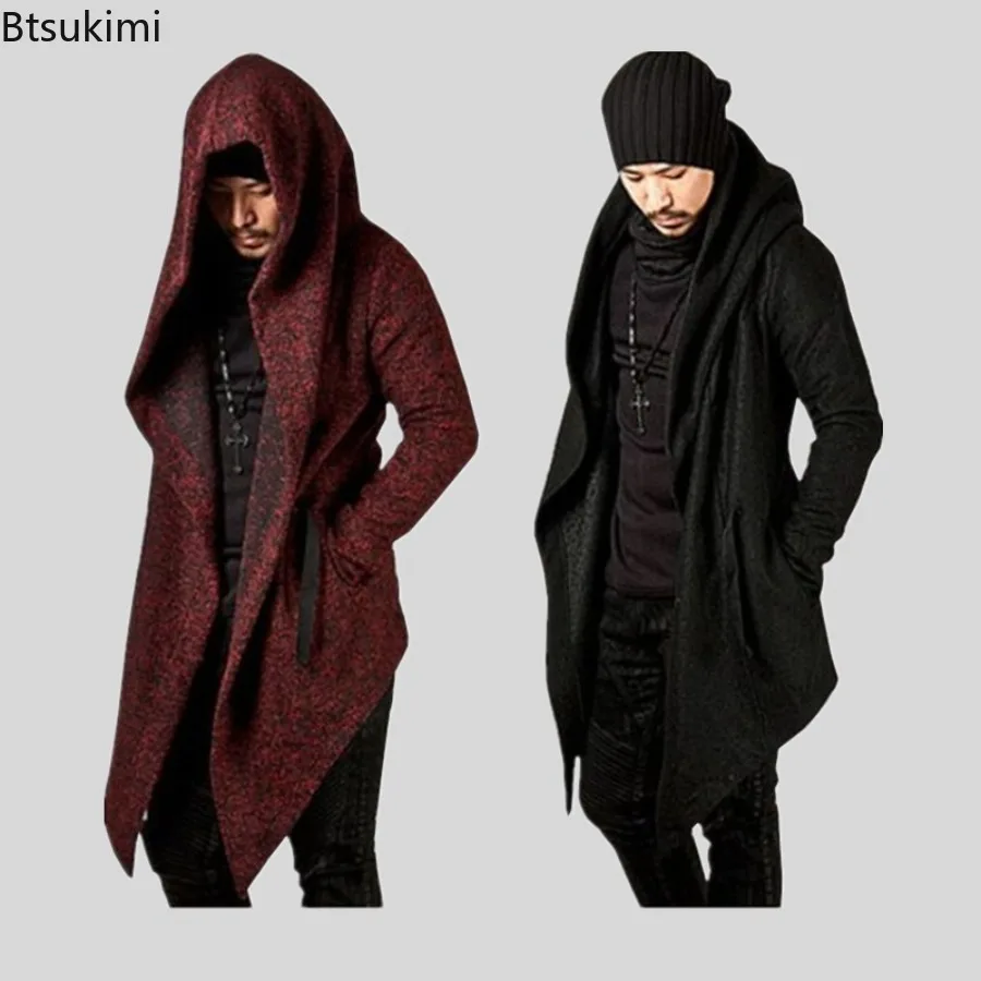 

New Fashion Mid-length Hoodies Men's Casual Loose Trench Coats Solid Vintage Cardigan Long Cloak Jacket Gothic Hooded Cape Coats