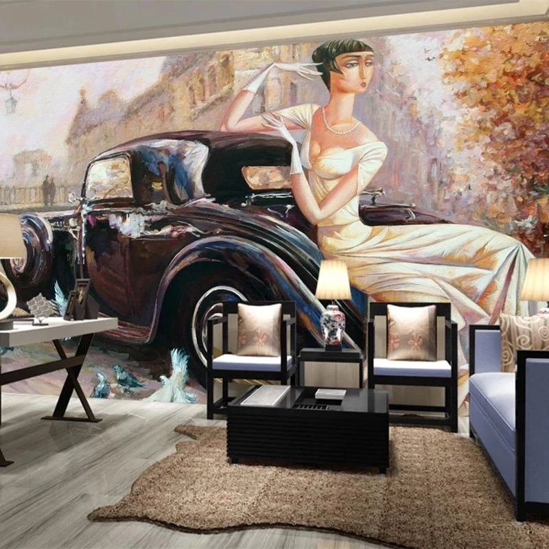 Customized Wallpaper 3D Vintage Classic Car Beautiful Women Oil Painting Mural Living room TV background wall bedroom restaurant