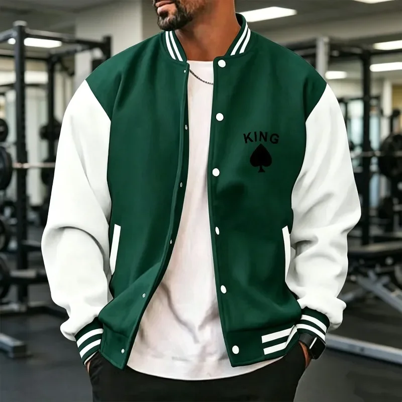 Men Loose Sports Baseball Jacket For Spring  Sleeve Ribbed Cuff Chest Black Spade Print Button Front Outer Coat S-3XL