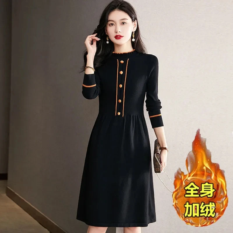 

Women's Knitted Dress Autumn Winter New Long Sleeve Korean Loose Pullover Female Elegant Add Velvet Sweater A-line Long Veatidos