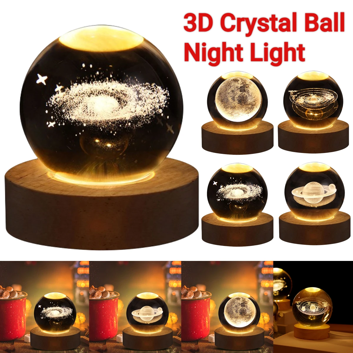 USB LED Night Light Galaxy Crystal Ball Table Lamp 3D Planet Moon Lamp with Wooden Base for Bedroom Home Decor Children Gifts