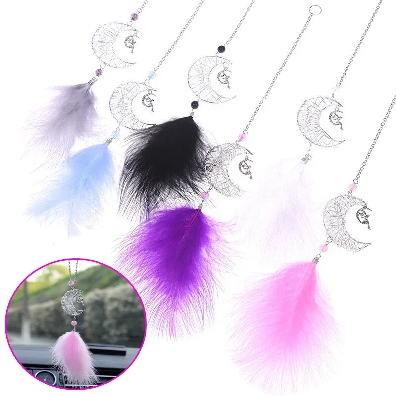 Skeleton Moon Feather Pendant Wrap Around Moon Angel Feather Car Interior Rear View Mirror Pendant Feather Perfume Decoration