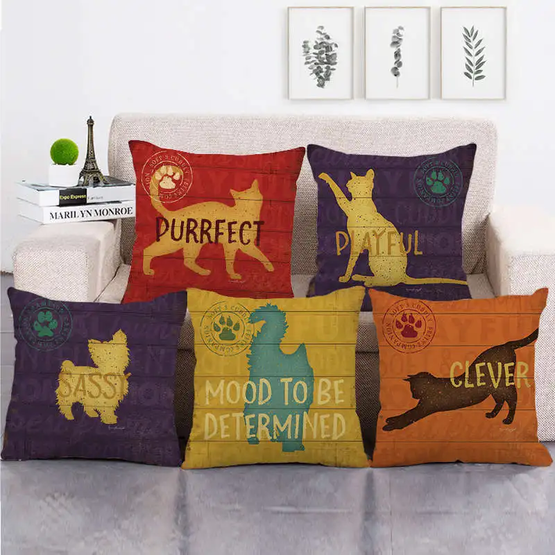 Cute Family Pet Pillowcase Colorful Cat Dog Cotton Linen Throw Pillow Case for Girl Room Bed Sofa Boy Girl Kid Gift Pillow Cover