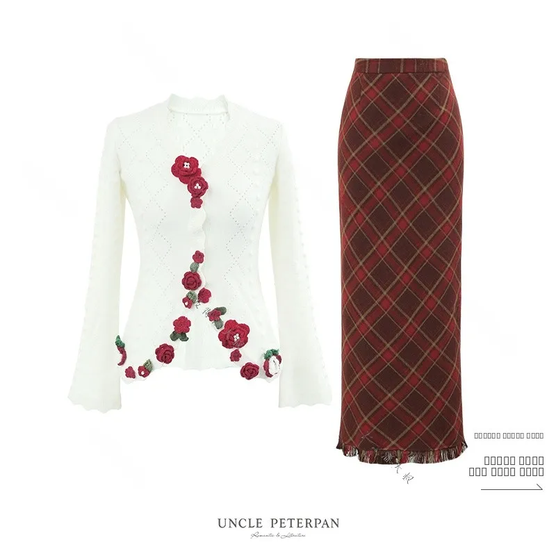 

Auntie Ollie's Peter Pan Knitted Cardigan with Tassel Bot Hem And 3D Weave Small Flowers Skirt Autumn Winter Faion Set f...