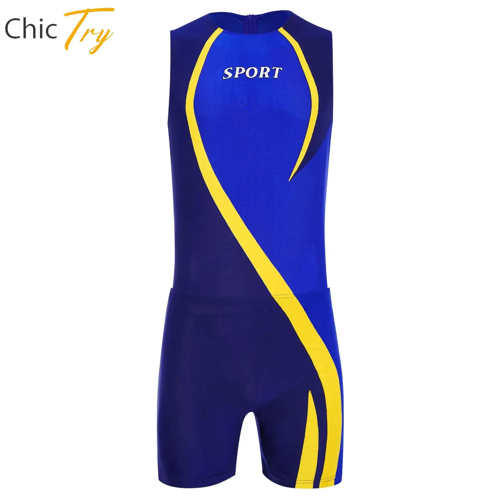 

Men's Gym Workout Athletic Leotard Round Neck Sleeveless Back Invisible Zipper Color Block Sports Bodysuit for Gym Bodybuilding