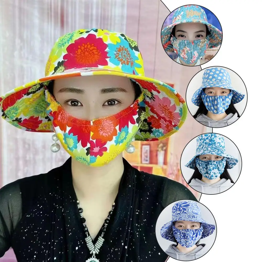 Fashion Flower Printed Summer Hats For Women With Face Mask Anti-UV Sun Protection Breathable Outdoor Working Cycling Sunha S4E9