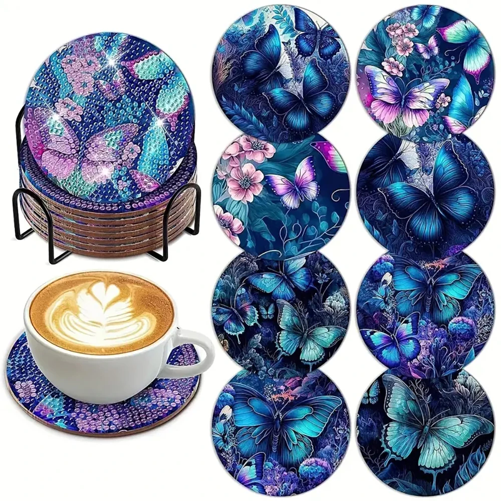 8 Diamond Art Painting Coasters with Brackets, DIY Dream Butterfly Series Diamond Art Coasters, Suitable for Adults and Beginner