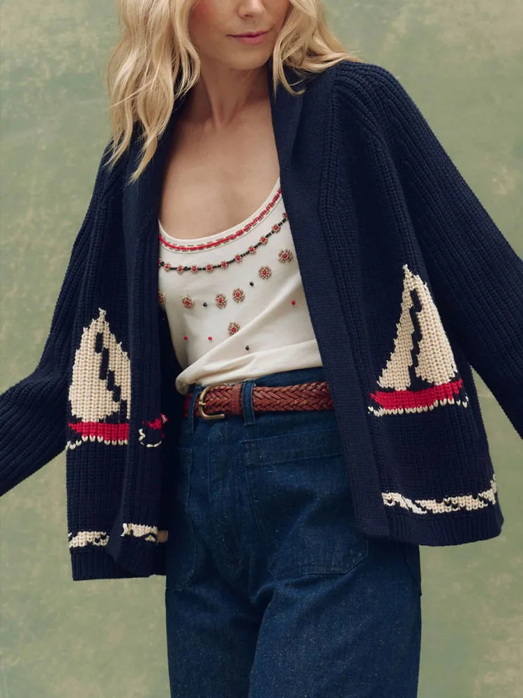 

Осень-зима, повседневный вязаный кардиган, элегантный воротник с лацканами, свободные пальто с длинными рукавами, женский модный свитер с принтом, верхнее пальто