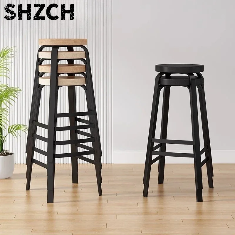 Stackable Solid Wood Bar Stool Home High Footstool Bar Chair KTV Milk Tea Shop Counter Round Stool with Wood Seat Board