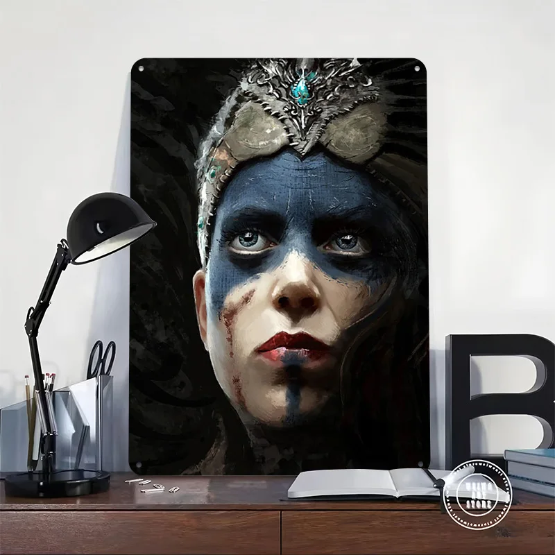 Hellblade ملصق معدني القصدير علامات الملصقات على جدار الفن جدارية علامة معدنية مخصصة لتزيين جدران فن الأشياء لتصميم الغرفة