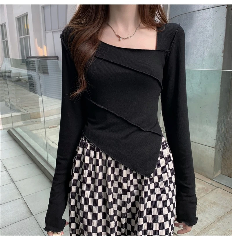 Korean Fashion Y2K T-shirt Woman Low Cut V-neck Sexy Crop Top Women Skinny Long Sleeve Tee Shirt Femme Vintage Clothes Black