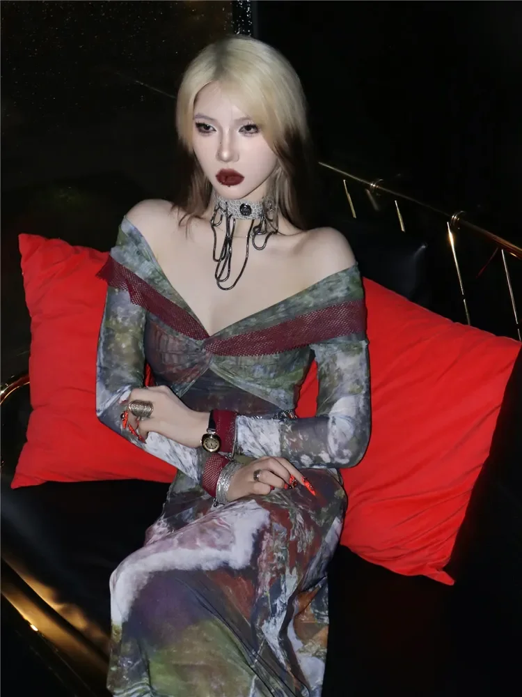 Dames herfst lente jurk rechte halslijn print sexy grote maten retro eenvoudig comfortabel ontwerp zachte nis veelzijdig mager