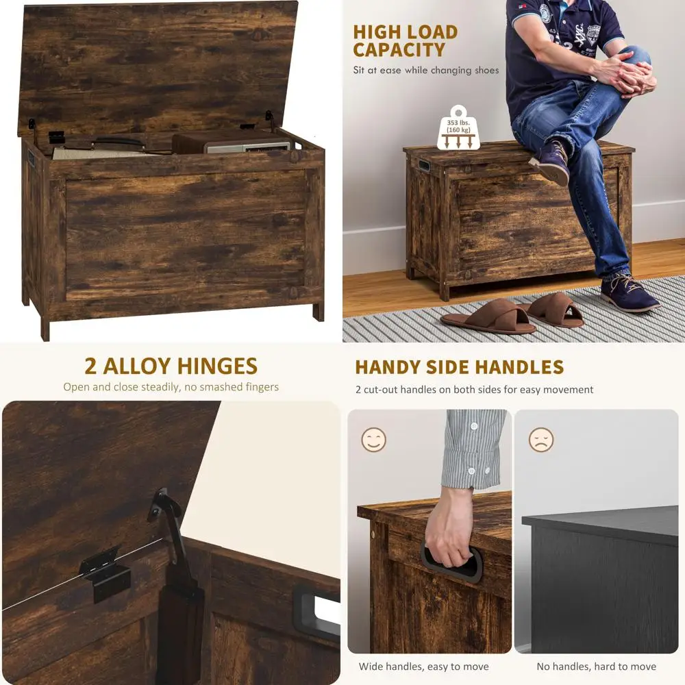 

Современная деревянная скамейка для хранения вещей с двумя петлями и вырезанными ручками для гостиной и прихожей