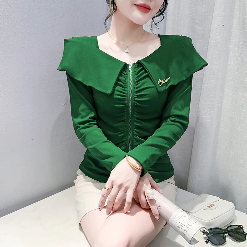 

2025,New European Clothes Fall Winter T-Shirt Chic Sexy Off Collar Zipper Ruffles Patchwork Women Tops Long Sleeve Tees 49013