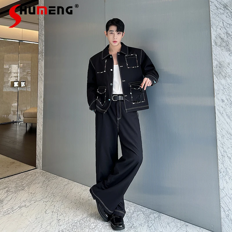 

Джентльмен, осень 2023, новые стильные комплекты из двух предметов, модные контрастные куртки ручной работы с драгоценными камнями, пальто, мужские шикарные комплекты с широкими брюками