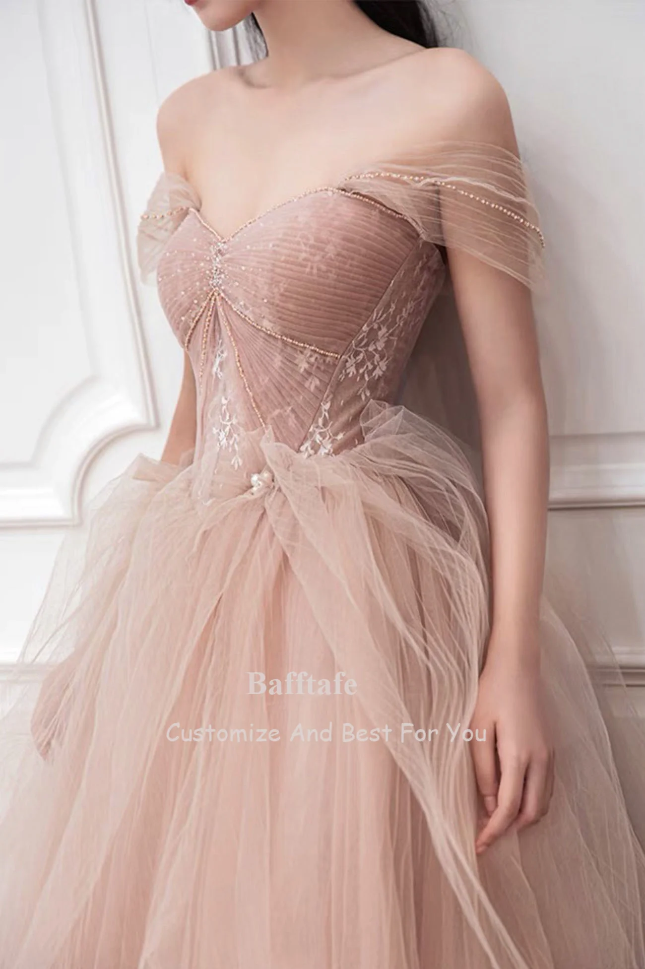 Bafftafe A Line Korea Long Prom Dresses Appliques Lace Pleated Beads Evening Gowns Corset Back Women Formal Occasion Party Dress