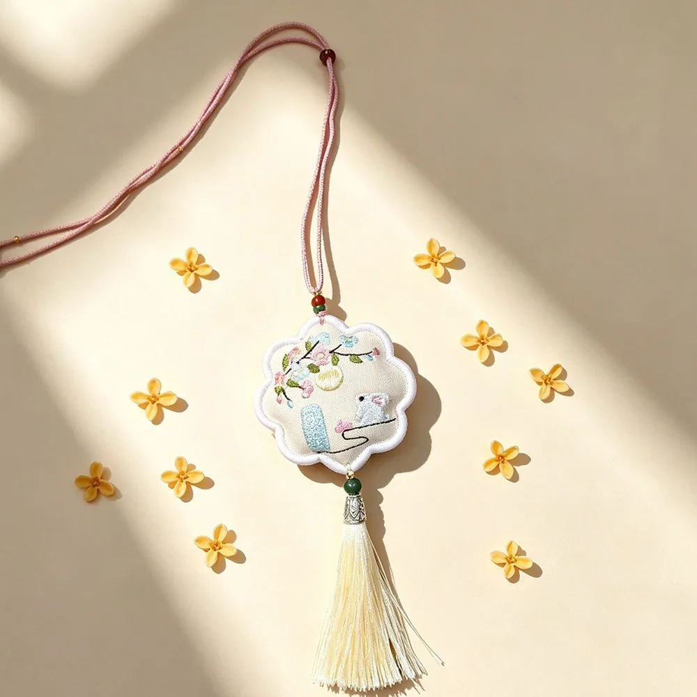 Chinese Traditional Mid-Autumn Festival Rabbit Scented Pouch Embroidery Patterns with Tassel Hanfu Sachet Bag Handmade Blessing