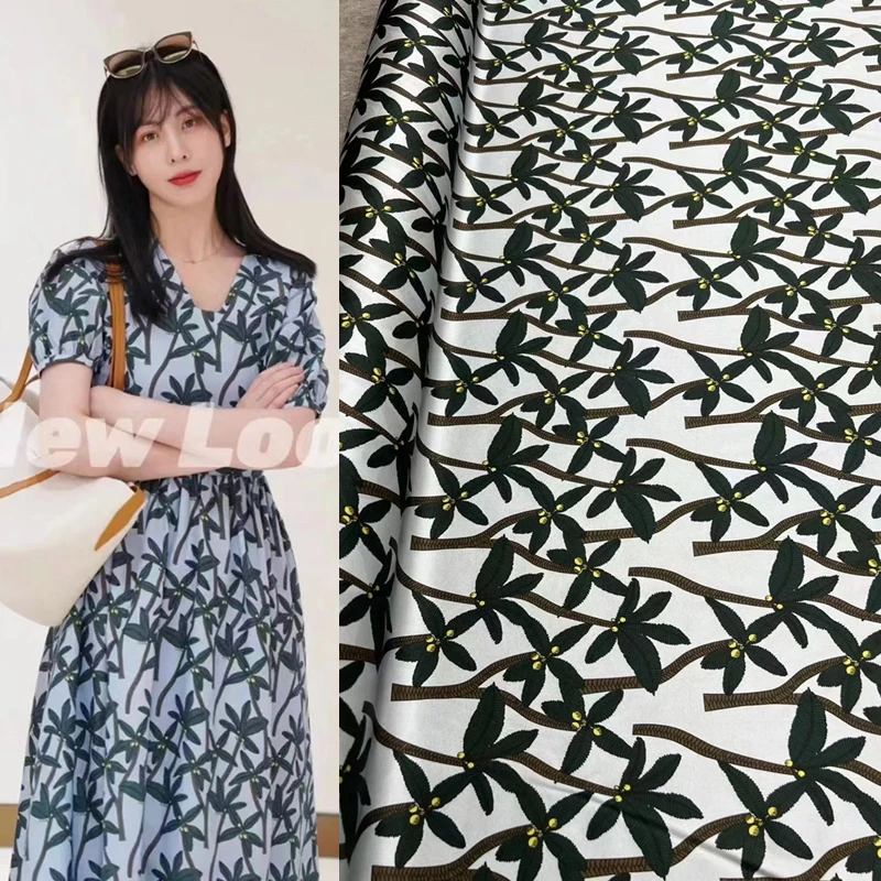 Fashion Coconut Tree Digital Printing Brand Mulberry Silk Fabric Classic Temperament Goddess Clothing Dress Shirt Sewing Fabric