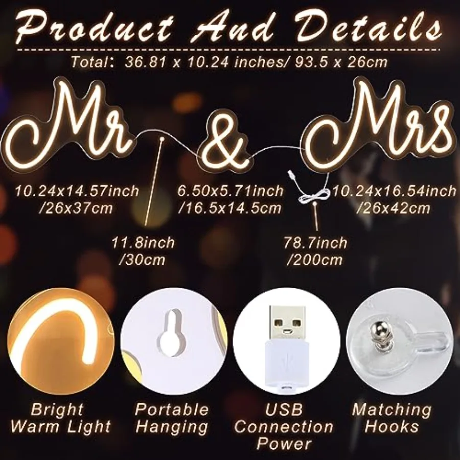 Mr and Mrs Neon Sign for Wedding Neon Light LED Backdrop Wall Decor USB Wedding Reception Decoration Gifts for Anniversary Enga