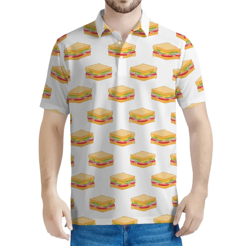 Cartoon Sandwich Hot Dog Graphic Polo Shirt Men Summer 3D Printed Food Tee Shirts Button Short Sleeves Street Lapel T-Shirts