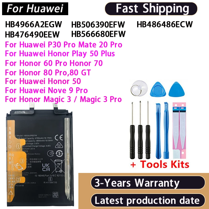100% Original Battery For Huawei Mate 20 Pro / P30 Pro /Honor 50 Plus X7B 50 60 70 80 Pro 80 GT Nova 9 Pro Magic 3 Pro Batteries