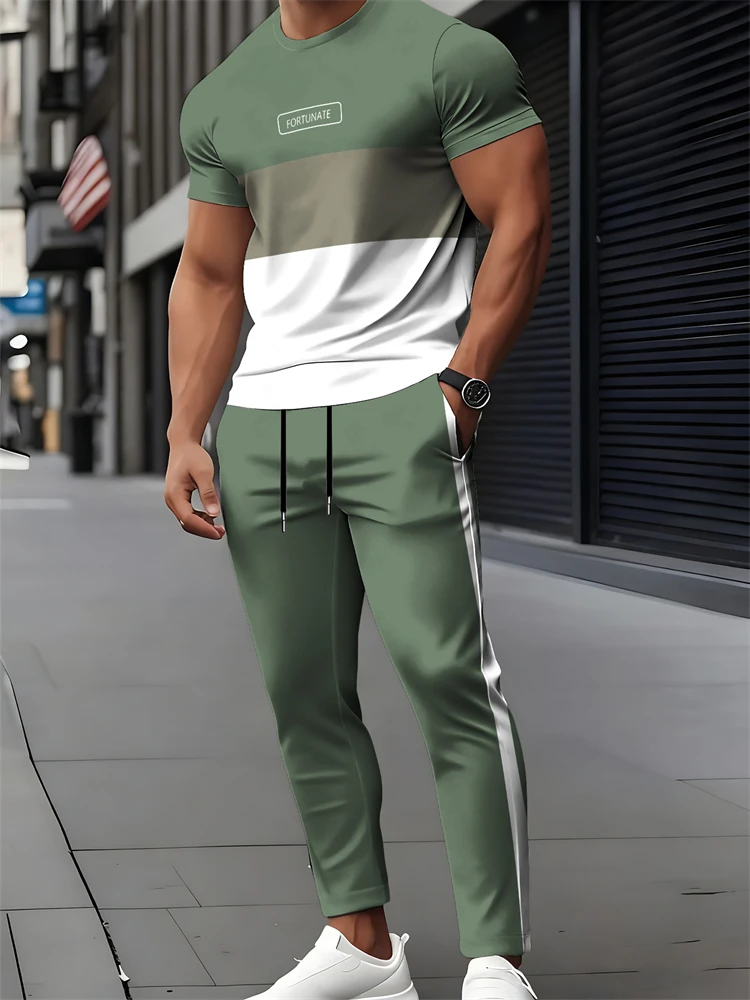 Men's Letter-Printed Two-Piece Set Short-Sleeve T-Shirt + Drawstring Jogging Pants—Simple Street-Style Casual Outfit