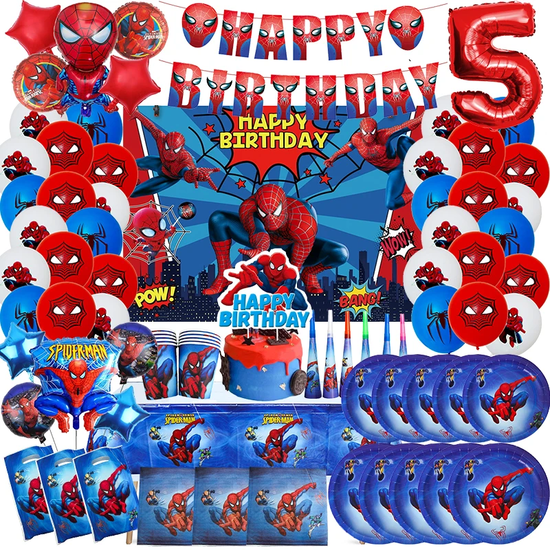 Marvel Spiderman Birthday Decorations Disposable Tableware Set Spider-Man Balloons Banner Backdrop Party Event Supplies For Kids