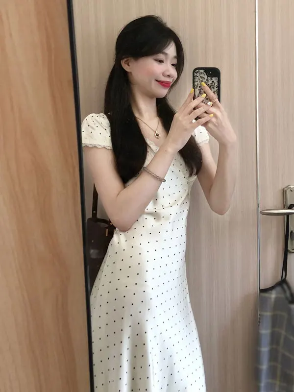 Sweet Polka Dot Slimming Long Dr Korean Sle Unique Beautiful Summer Faionable Women's Dr High Waist ort Sve V-...