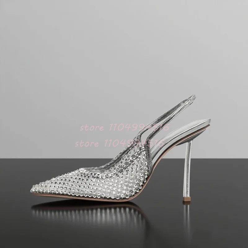 

Mesh Rhinestone Fretwork High Heels Women Crystal Pointed Toe Ankle Strap Stiletto Heels Lady Sexy Evening Party Dress Shoes