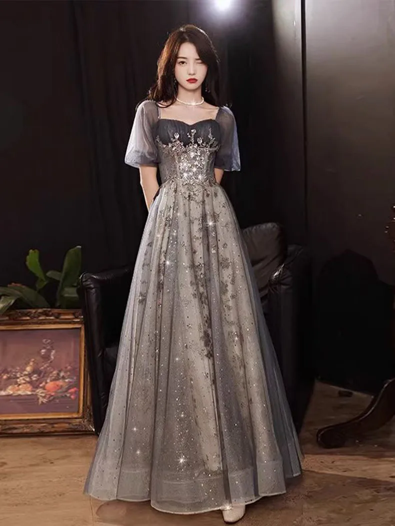 Grey Evening Dress 2023 New Women\'s Square Collar Spliced Tulle Floor Length A-Line Cocktail Party Dress Lace up Prom Gown