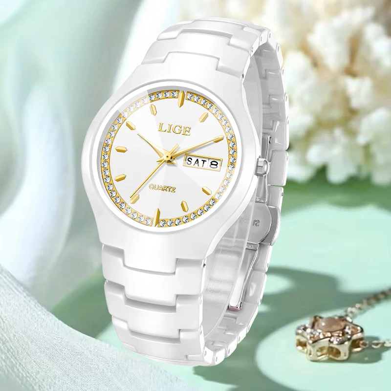 LIGE Fashion Elegant Bracelet Watch Women Waterproof Ceramic Women's Quartz Wristwatches Top Brand Luxury Week Date Chronograph