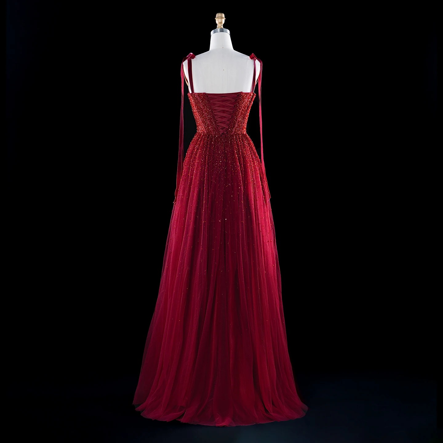 Sharon Said Burgunder Abendkleid mit Spaghettiträgern, Schleife, Perlenstickerei, fließendem Tüll, A-Linie, formelle Partykleider SS263, maßgeschneidert – Detail 11
