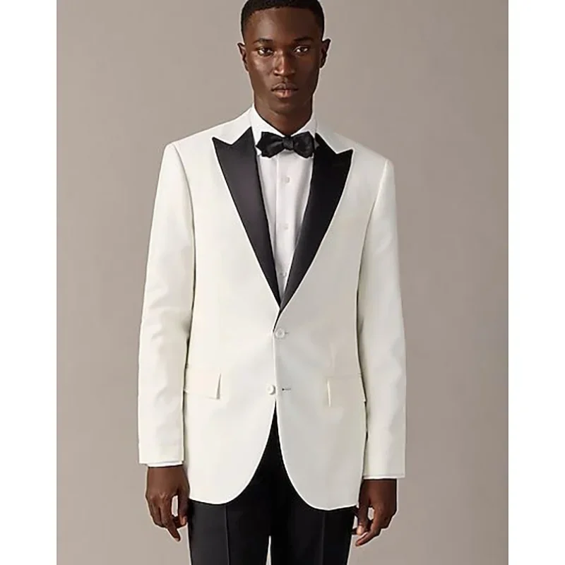 Elegant Men's Suits White Blazer Black Pants Luxury 2 Piece Peak Lapel Two Button Slim Fit Tailor-Made Wedding Costume Homme